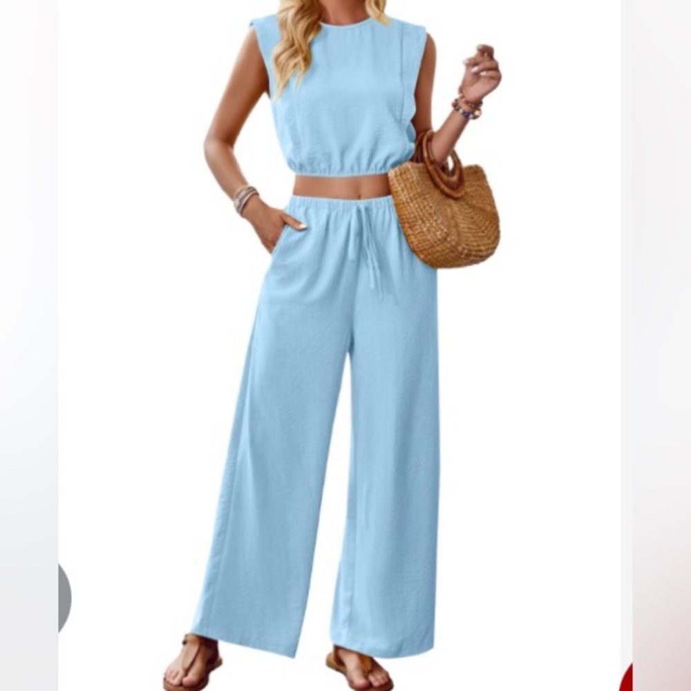 Vrtige Women's Summer 2 Piece Sleeveless Tank Crop & Wide Leg Pants W/Pockets  M